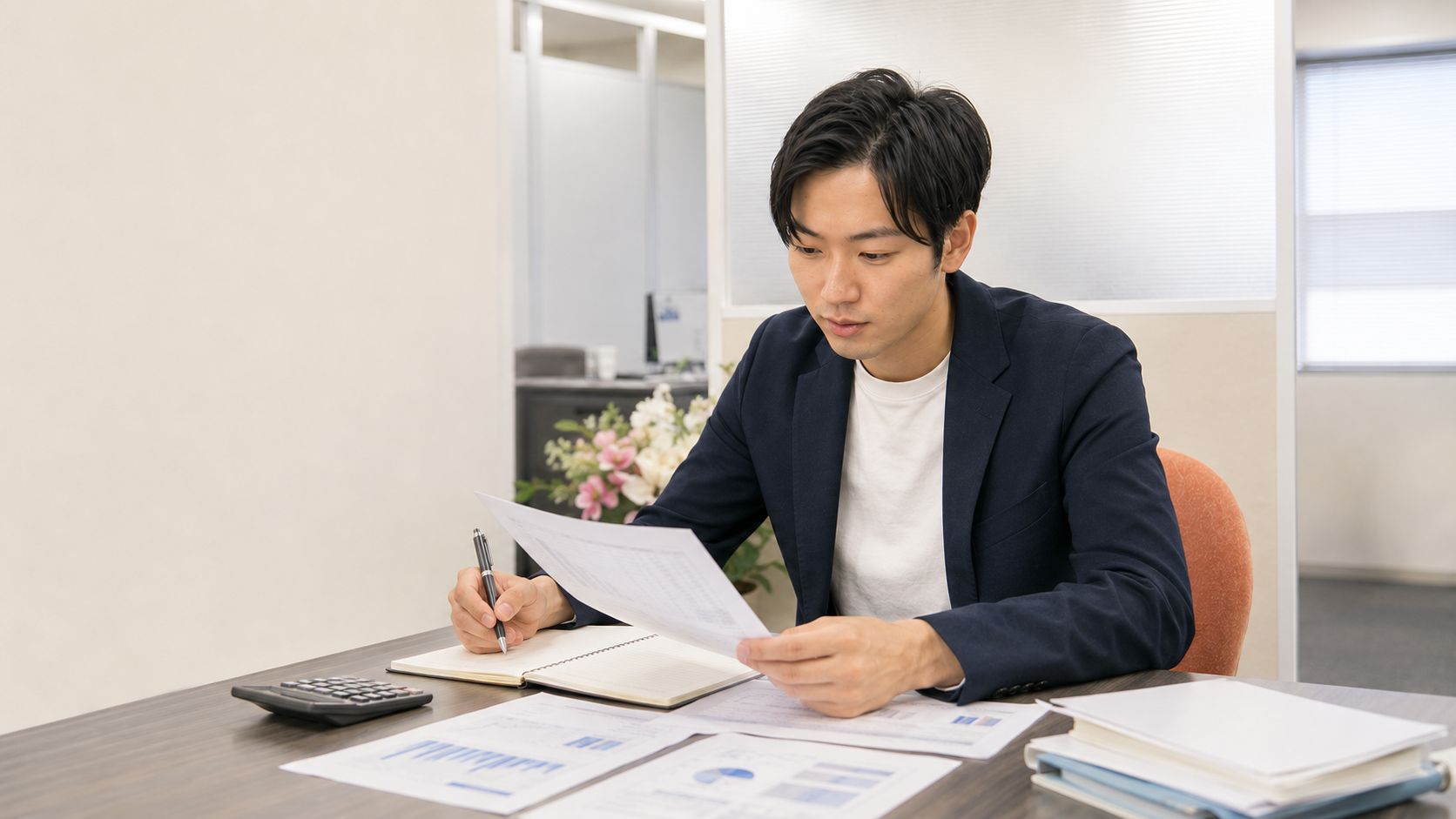 税務会計スタッフが資料と数値を一人で確認し論点を整理する様子