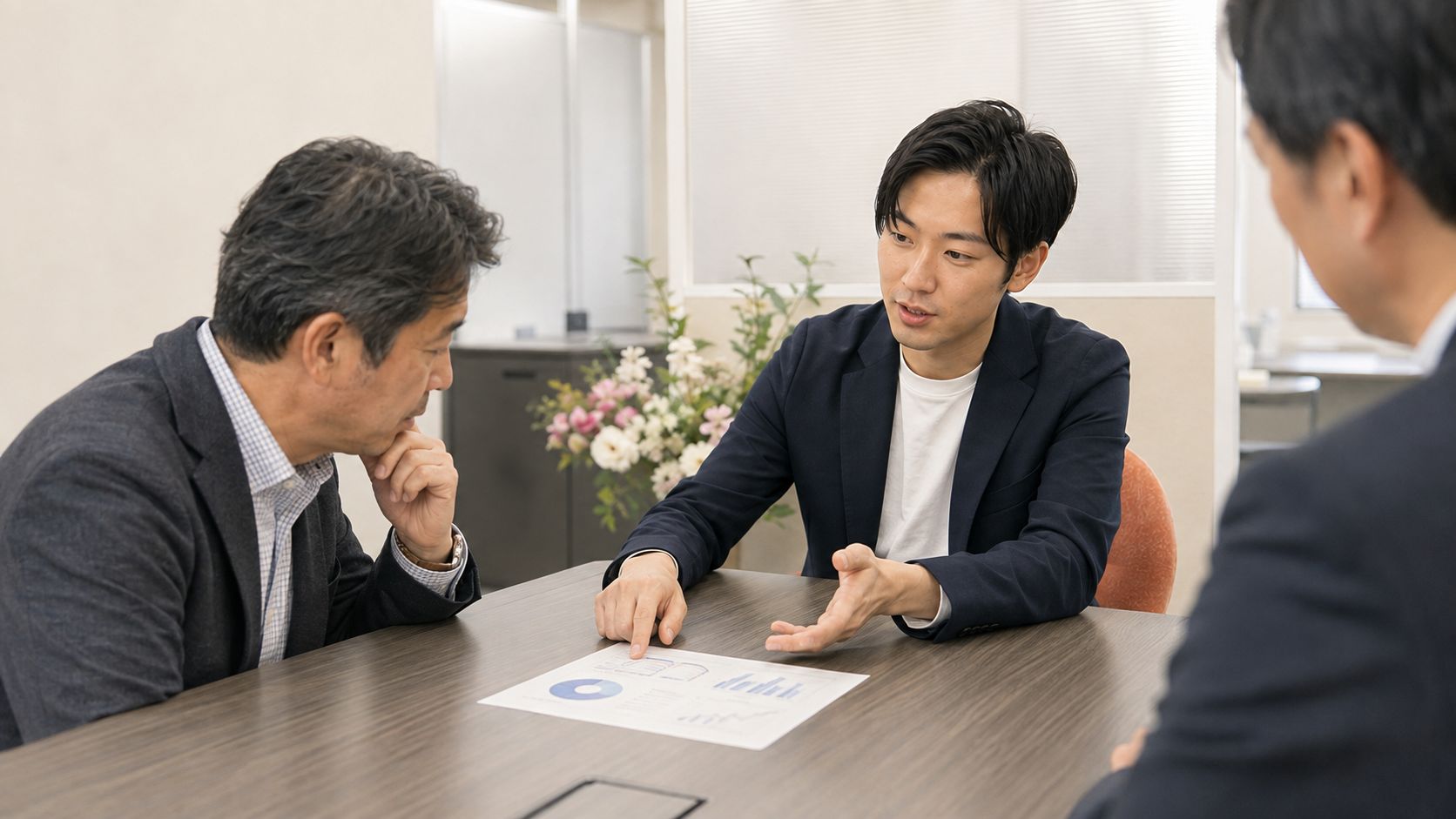 税務会計スタッフが経営者との打ち合わせで資料を示しながら説明する様子